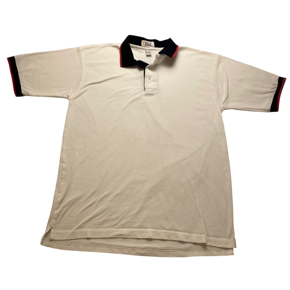 Golf Where Mens Large White Mercerized Cotton Polo Shirt Navy Red Short Sleeve